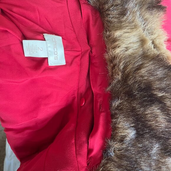 Chicos Sz L Faux Fur Red Pea Coat Jacket Cross Button Lined Long Sleeves - Picture 2 of 7